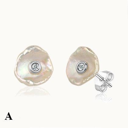 Stone Round Pearl With Diamond Silver Stud Earrings