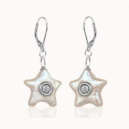 Waves Star Pearl Diamond Silver Earrings