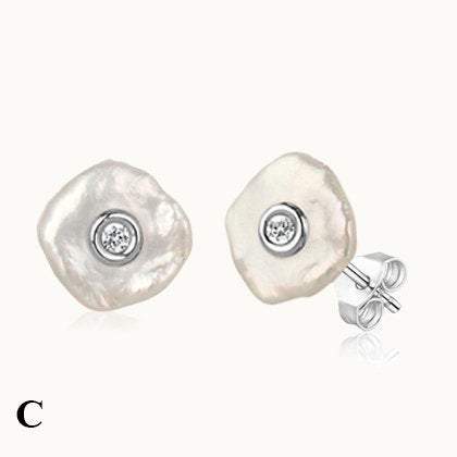 Stone Round Pearl With Diamond Silver Stud Earrings
